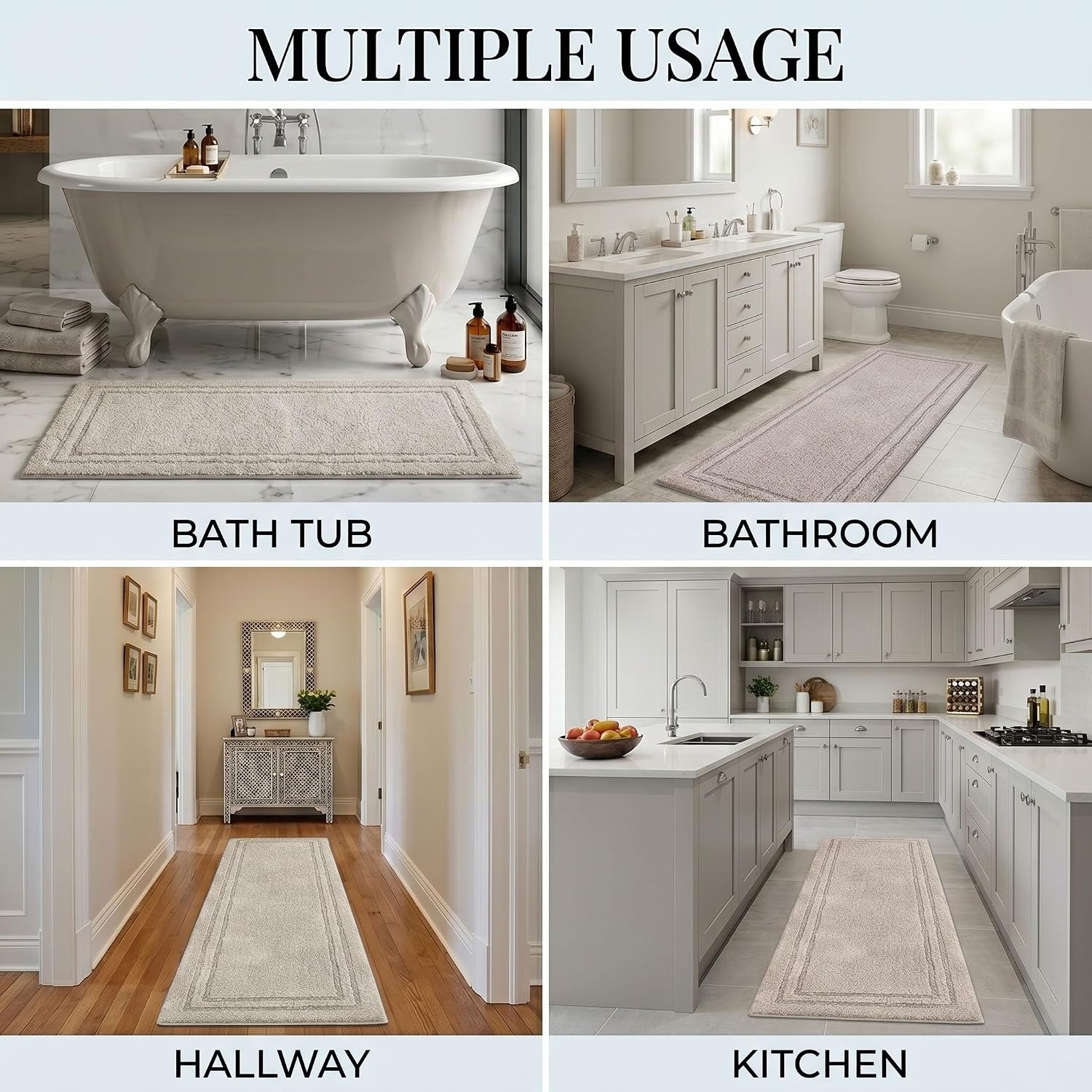 image:imageSuperior Cotton Washable Bath Rug with Runner Bundle Set 3 Piece Stone Non slip Highly Absorbent Solid Design for Double Vanity Tub or Shower Set Includes 1 Small Rug 1 Large Rug 1 Runner