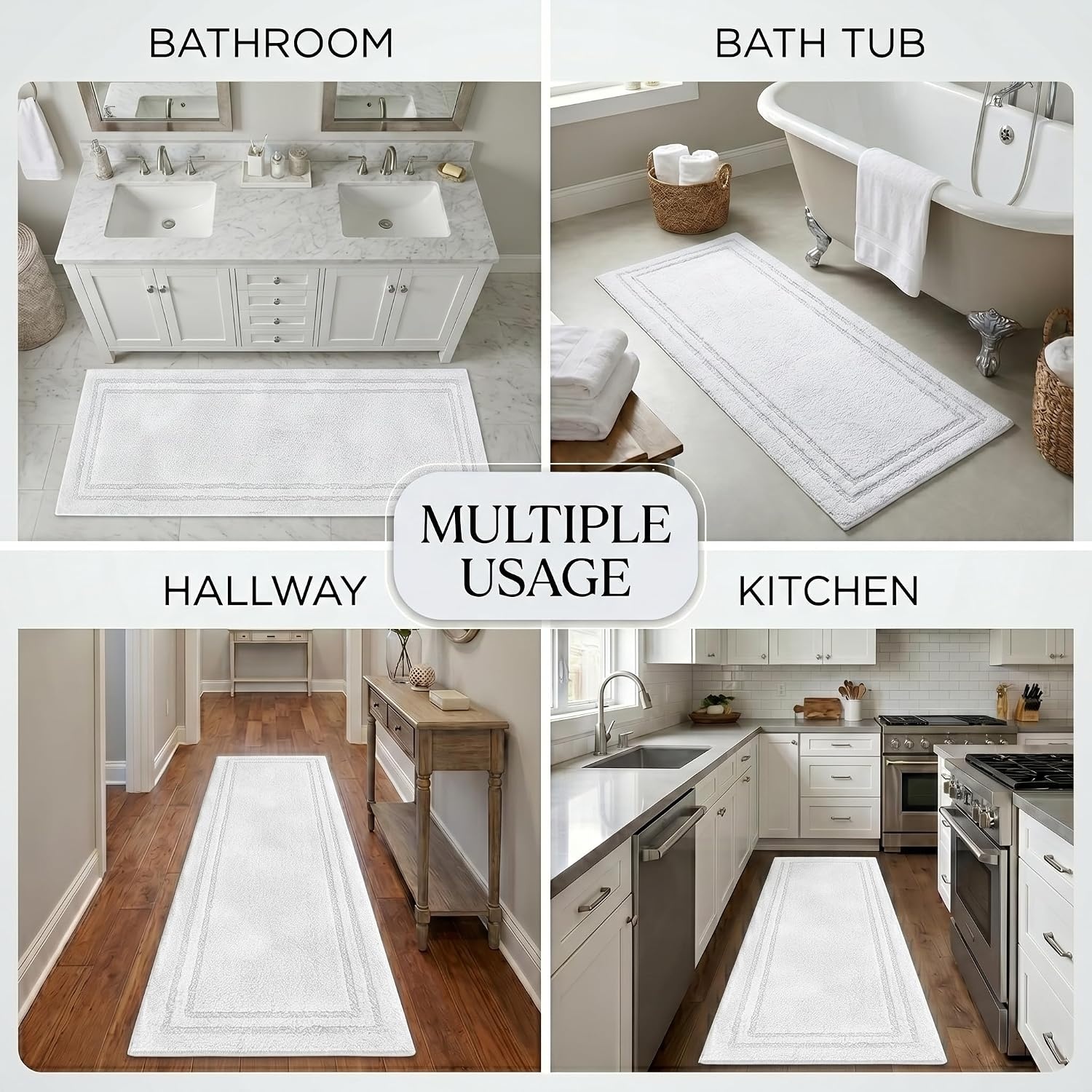 image:imageSuperior Cotton Washable Bath Rug with Runner Bundle Set 3 Piece White Non slip Highly Absorbent Solid Design for Double Vanity Tub or Shower Set Includes 1 Small Rug 1 Large Rug 1 Runner