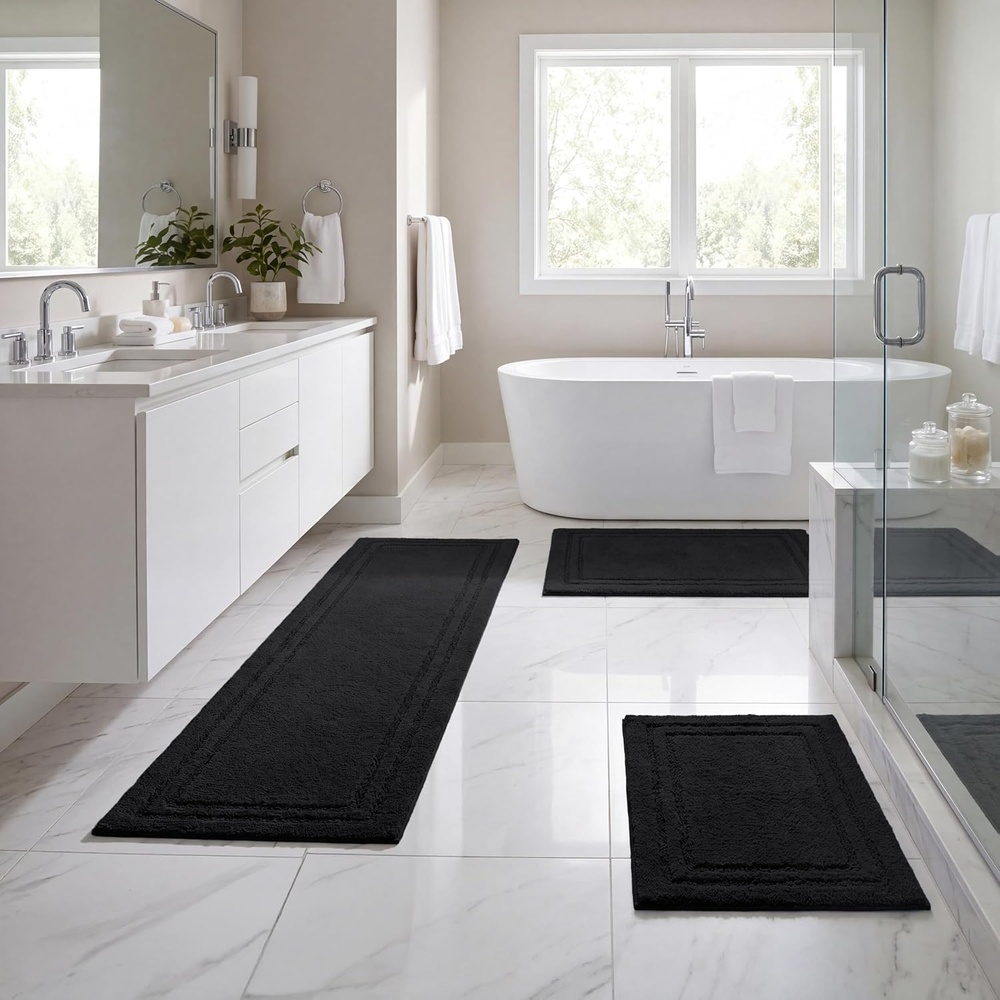 image:imageSuperior Cotton Washable Bath Rug with Runner Bundle Set 3 Piece Black  Non slip Highly Absorbent Solid Design for Double Vanity Tub or Shower Set Includes 1 Small Rug 1 Large Rug 1 Runner