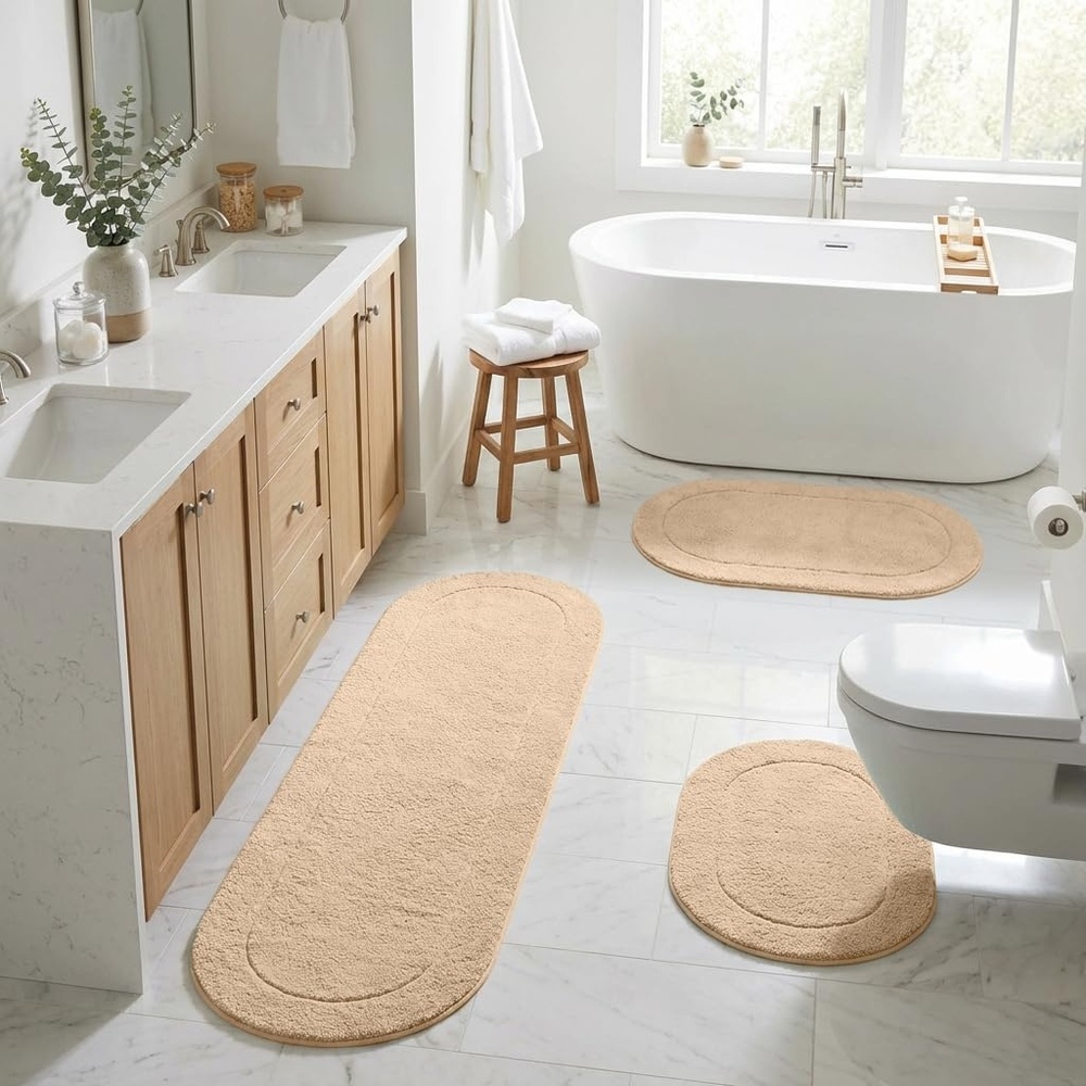 image:imageSuperior Cotton Washable Bath Rug with Runner Bundle Set 3 Piece Ivory  Non slip Highly Absorbent Oval Design for Double Vanity Tub or Shower Set Includes 1 Small Rug 1 Large Rug 1 Runner