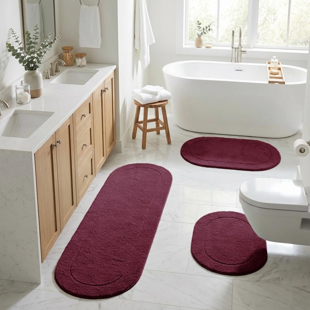 image:imageSuperior Cotton Washable Bath Rug with Runner Bundle Set 3 Piece Plum  Non slip Highly Absorbent Oval Design for Double Vanity Tub or Shower Set Includes 1 Small Rug 1 Large Rug 1 Runner