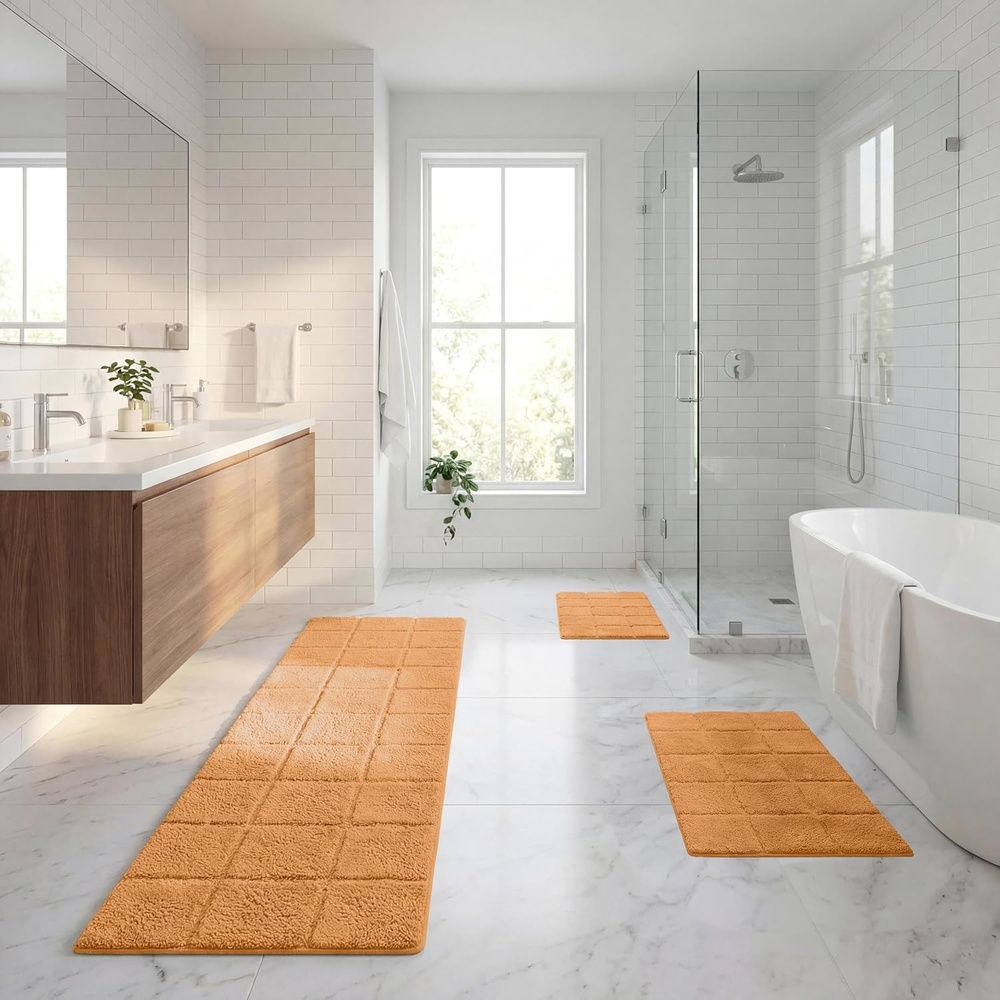 image:imageSuperior Cotton Washable Bath Rug with Runner Bundle Set 3 Piece Rust  Non slip Highly Absorbent Checkered Design for Double Vanity Tub or Shower Set Includes 1 Small Rug 1 Large Rug 1 Runner