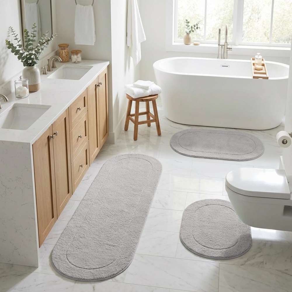 image:imageSuperior Cotton Washable Bath Rug with Runner Bundle Set 3 Piece Silver  Non slip Highly Absorbent Oval Design for Double Vanity Tub or Shower Set Includes 1 Small Rug 1 Large Rug 1 Runner