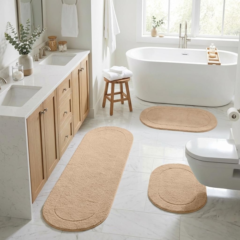 image:imageSuperior Cotton Washable Bath Rug with Runner Bundle Set 3 Piece Taupe  Non slip Highly Absorbent Oval Design for Double Vanity Tub or Shower Set Includes 1 Small Rug 1 Large Rug 1 Runner
