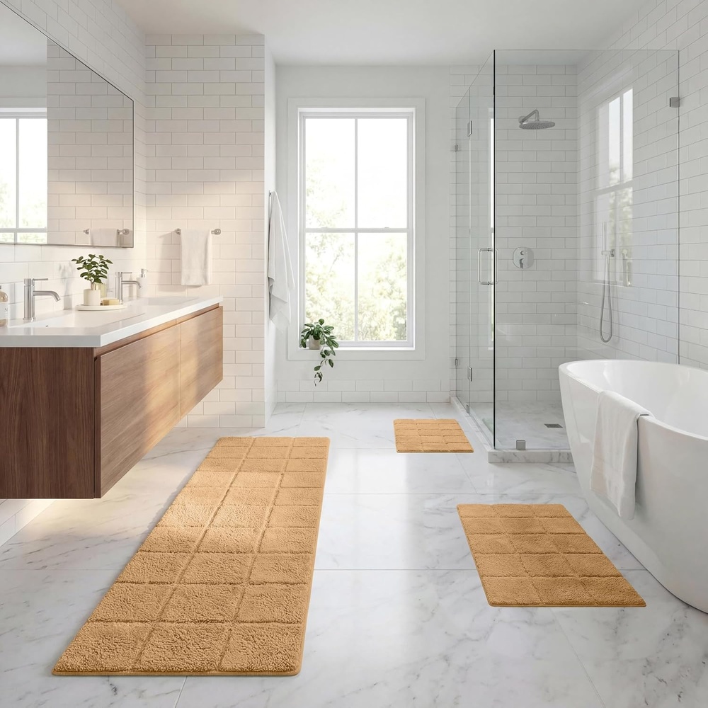 image:imageSuperior Cotton Washable Bath Rug with Runner Bundle Set 3 Piece Toast  Non slip Highly Absorbent Checkered Design for Double Vanity Tub or Shower Set Includes 1 Small Rug 1 Large Rug 1 Runner