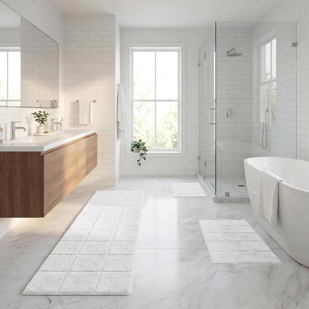 image:imageSuperior Cotton Washable Bath Rug with Runner Bundle Set 3 Piece White  Non slip Highly Absorbent Checkered Design for Double Vanity Tub or Shower Set Includes 1 Small Rug 1 Large Rug 1 Runner