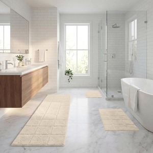 Superior Cotton Washable Bath Rug with Runner Bundle Set, 3 Piece, Ivory | Non slip Highly Absorbent Checkered Design for Double Vanity, Tub or Shower, Set Includes 1 Small Rug, 1 Large Rug, 1 Runner