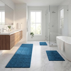 Superior Cotton Washable Bath Rug with Runner Bundle Set, 3 Piece, Sapphire | Non slip Highly Absorbent Checkered Design for Double Vanity, Tub or Shower, Set Includes 1 Small Rug, 1 Large Rug, 1 Runner