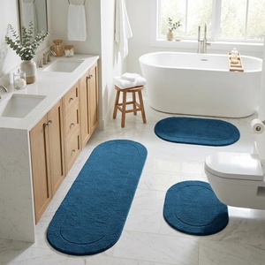 Superior Cotton Washable Bath Rug with Runner Bundle Set, 3 Piece, Sapphire | Non slip Highly Absorbent Oval Design for Double Vanity, Tub or Shower, Set Includes 1 Small Rug, 1 Large Rug, 1 Runner