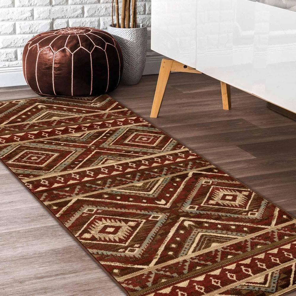 image:imageSuperior Indoor Runner Rug Jute Backing Southwestern Geometric Medallion Ideal for Entryway Living Room Kitchen Bedroom Hallway Floor Cover Tampa Collection 2 7 x 8 Maroon