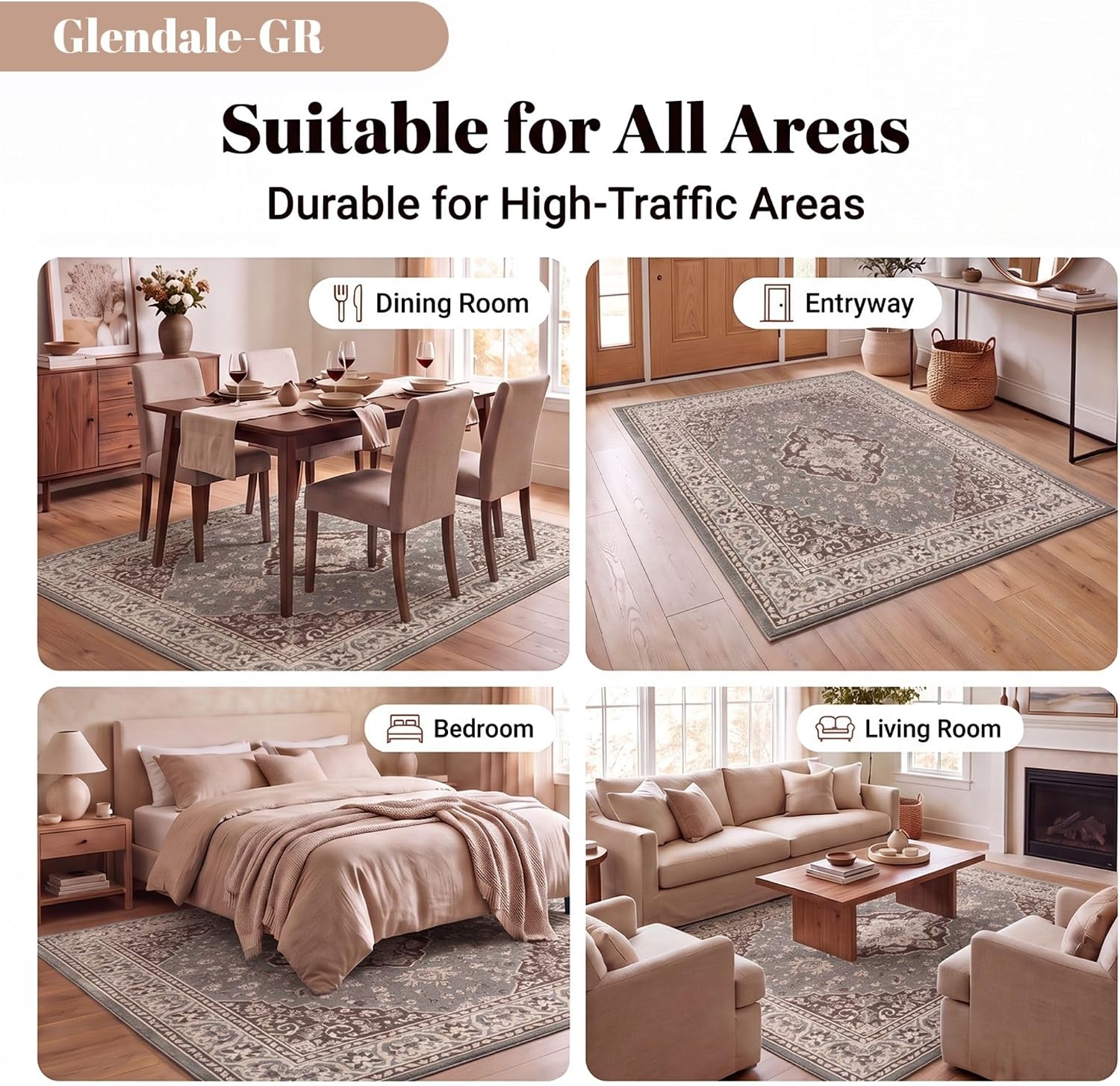image:imageSUPERIOR Glendale Indoor Runner Rug Floral Medallion 8 Round Grey