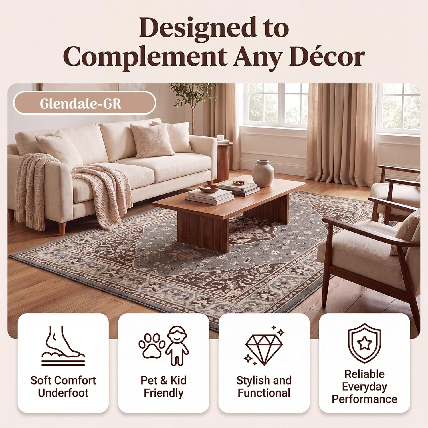 image:imageSUPERIOR Glendale Indoor Runner Rug Floral Medallion 8 Round Grey