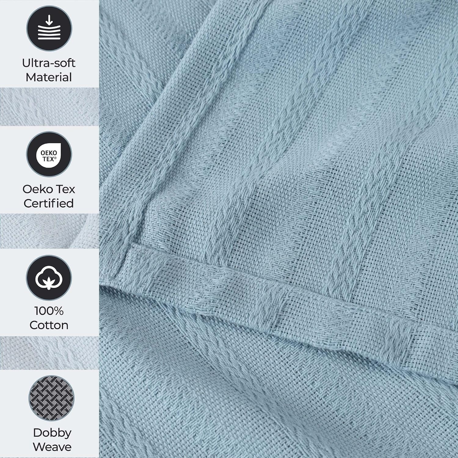 image:imageSUPERIOR Clara Cotton Blanket for Picnic Beach Traveling or Camping Bedroom Decor Essentials Cover for Bed Couch Lounging Textured Jacquard Striped Woven Blanket Twin IvoryLight Blue