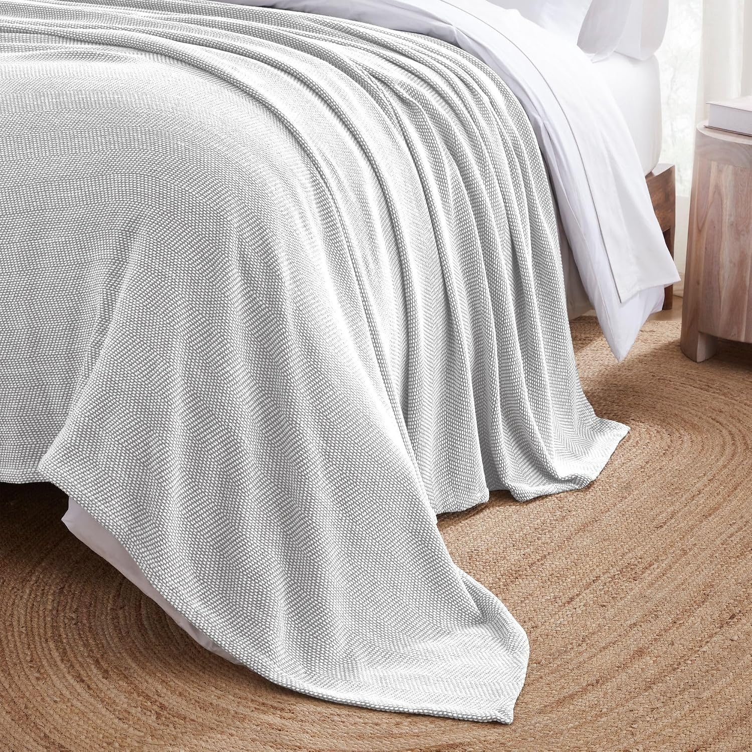 image:imageSUPERIOR Clara Cotton Blanket for Picnic Beach Traveling or Camping Bedroom Decor Essentials Cover for Bed Couch Lounging Textured Jacquard Striped Woven Blanket Twin IvoryGrey