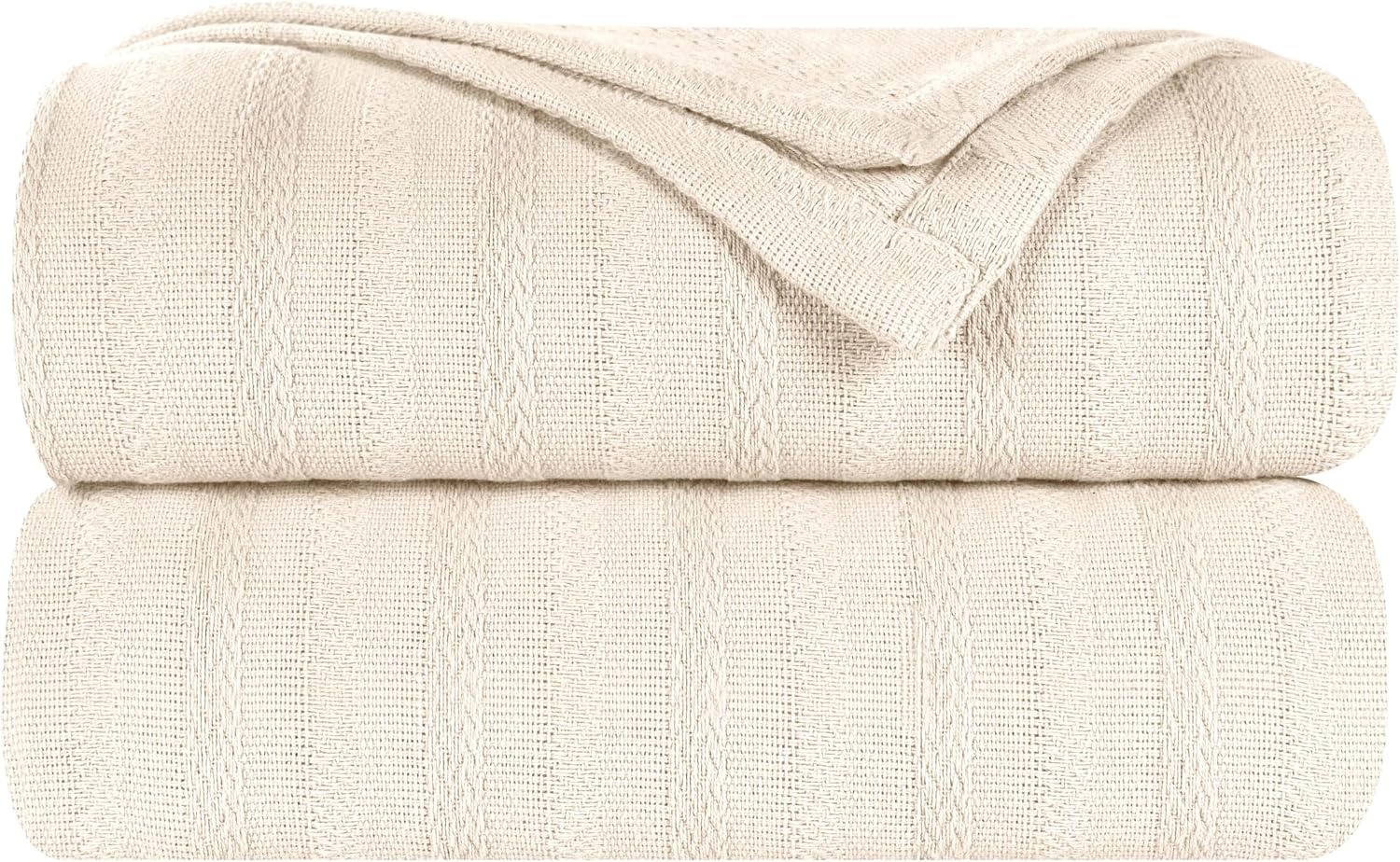 image:imageSUPERIOR Clara Cotton Blanket for Picnic Beach Traveling or Camping Bedroom Decor Essentials Cover for Bed Couch Lounging Textured Jacquard Striped Woven Blanket Twin IvoryIvory