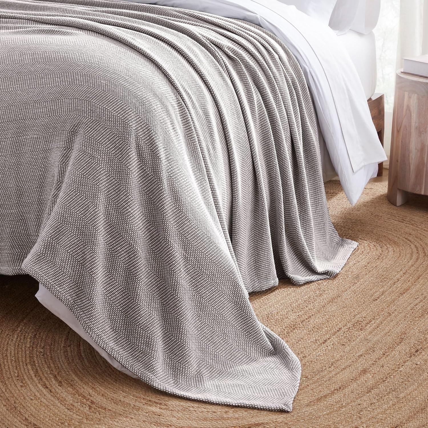 image:imageSUPERIOR Clara Cotton Blanket for Picnic Beach Traveling or Camping Bedroom Decor Essentials Cover for Bed Couch Lounging Textured Jacquard Striped Woven Blanket Twin IvoryBrown