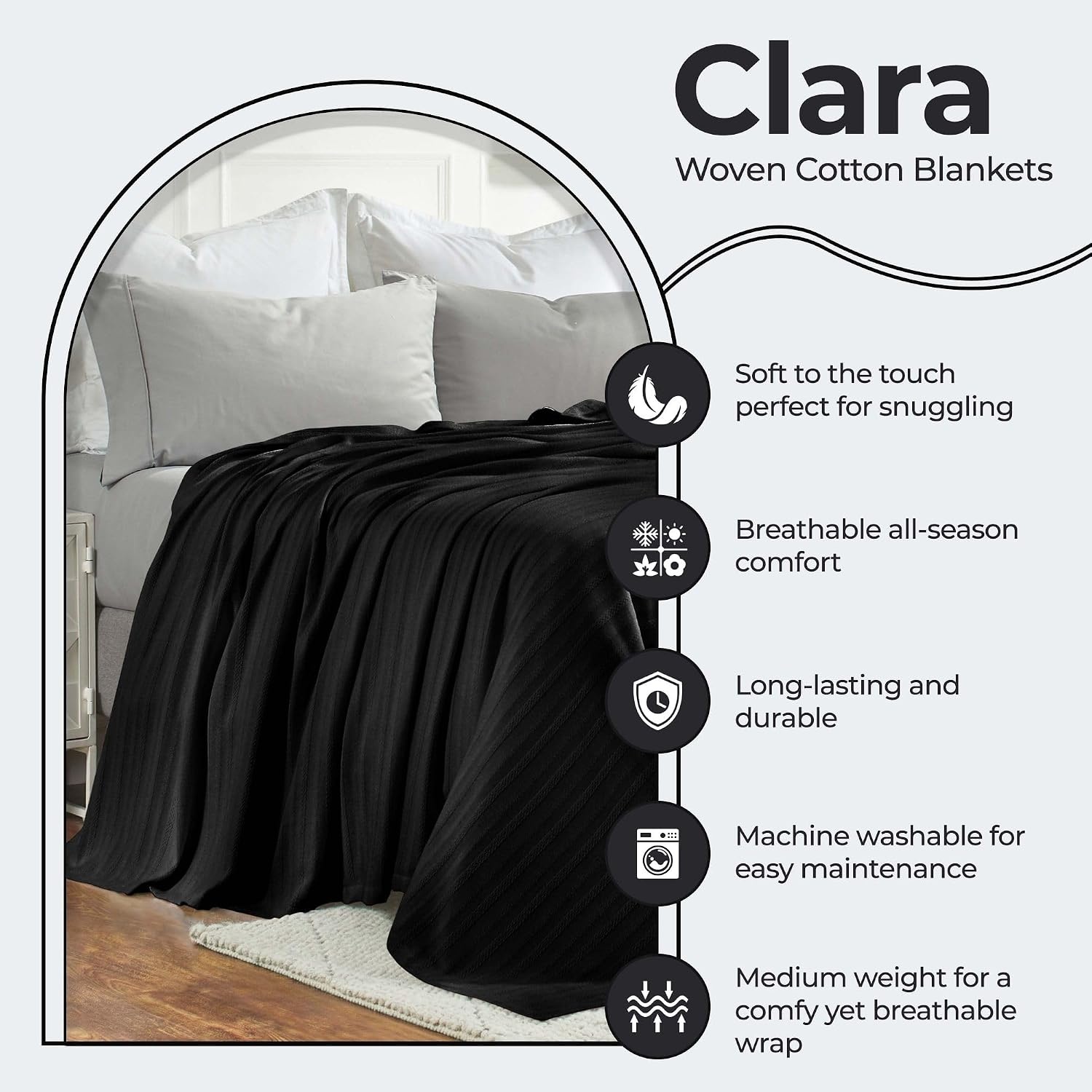 image:imageSUPERIOR Clara Cotton Blanket for Picnic Beach Traveling or Camping Bedroom Decor Essentials Cover for Bed Couch Lounging Textured Jacquard Striped Woven Blanket Twin IvoryBlack