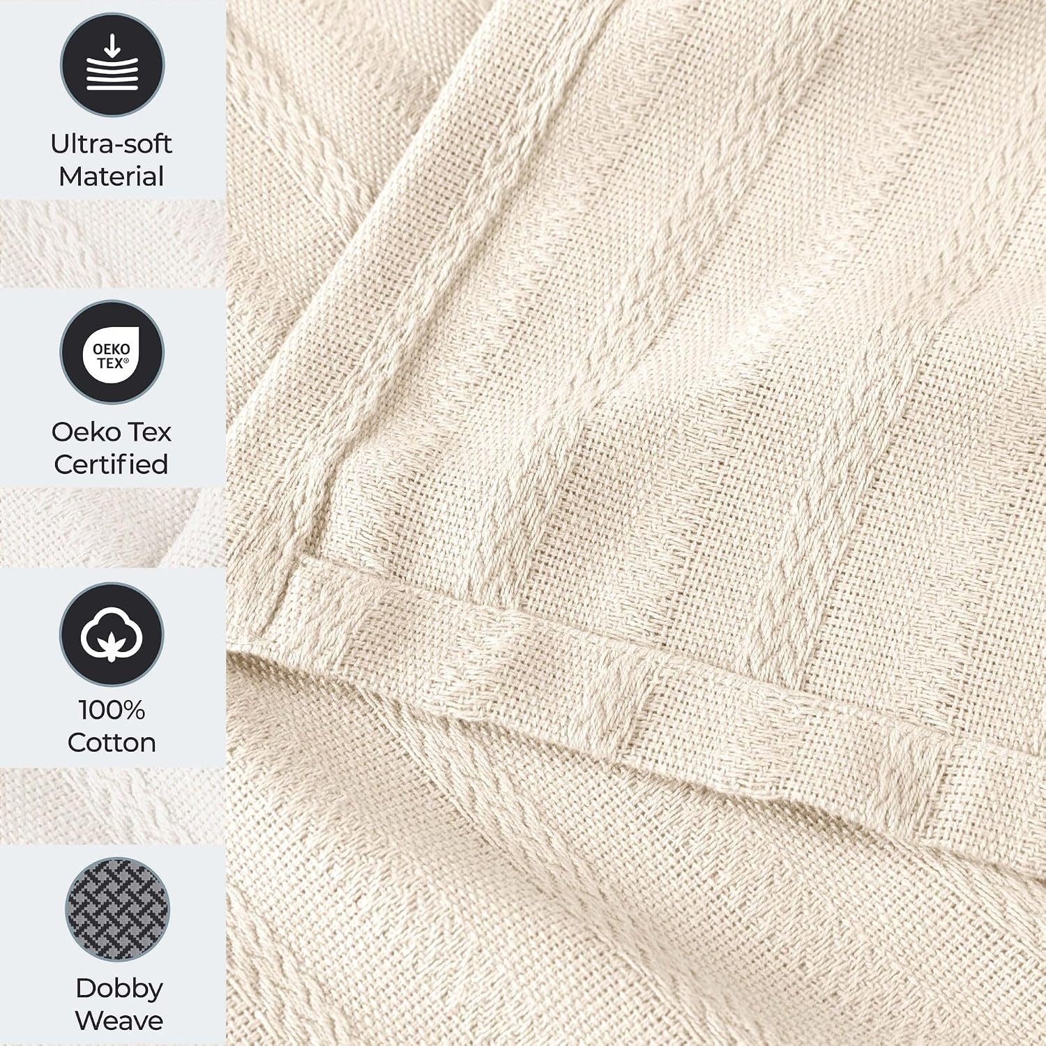 image:imageSUPERIOR Clara Cotton Blanket for Picnic Beach Traveling or Camping Bedroom Decor Essentials Cover for Bed Couch Lounging Textured Jacquard Striped Woven Blanket Twin IvoryIvory