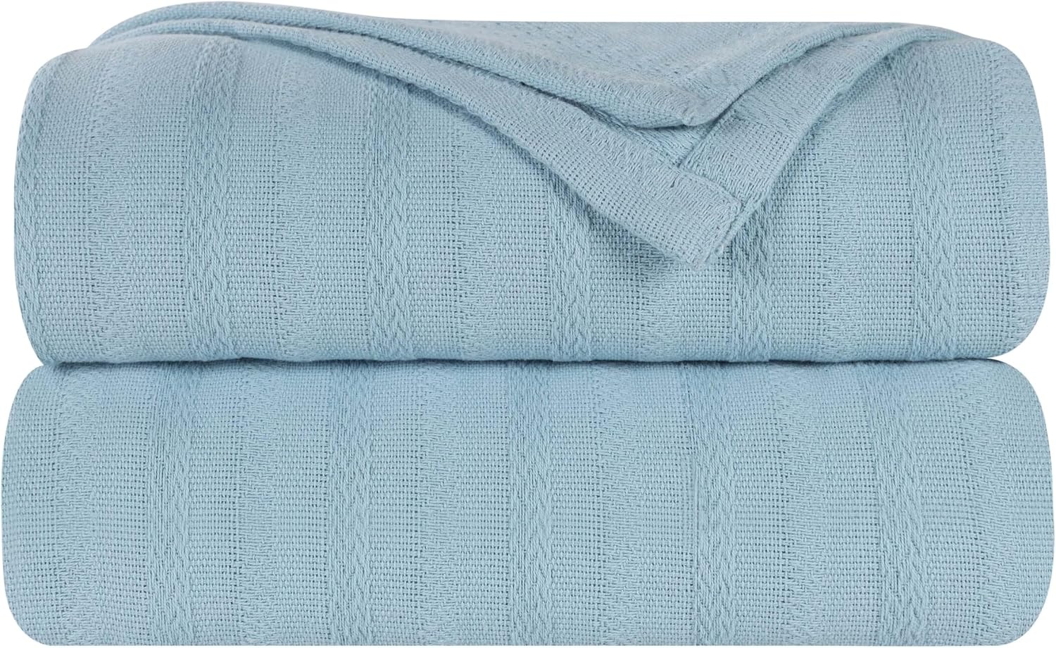 image:imageSUPERIOR Clara Cotton Blanket for Picnic Beach Traveling or Camping Bedroom Decor Essentials Cover for Bed Couch Lounging Textured Jacquard Striped Woven Blanket Twin IvoryLight Blue