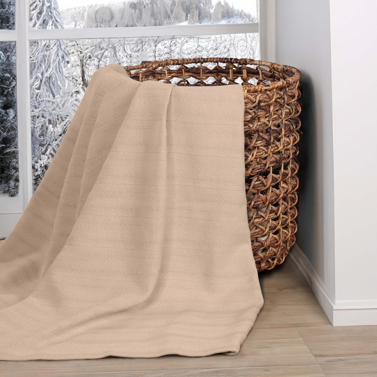 image:imageSUPERIOR Clara Cotton Blanket for Picnic Beach Traveling or Camping Bedroom Decor Essentials Cover for Bed Couch Lounging Textured Jacquard Striped Woven Blanket Twin IvoryKhaki