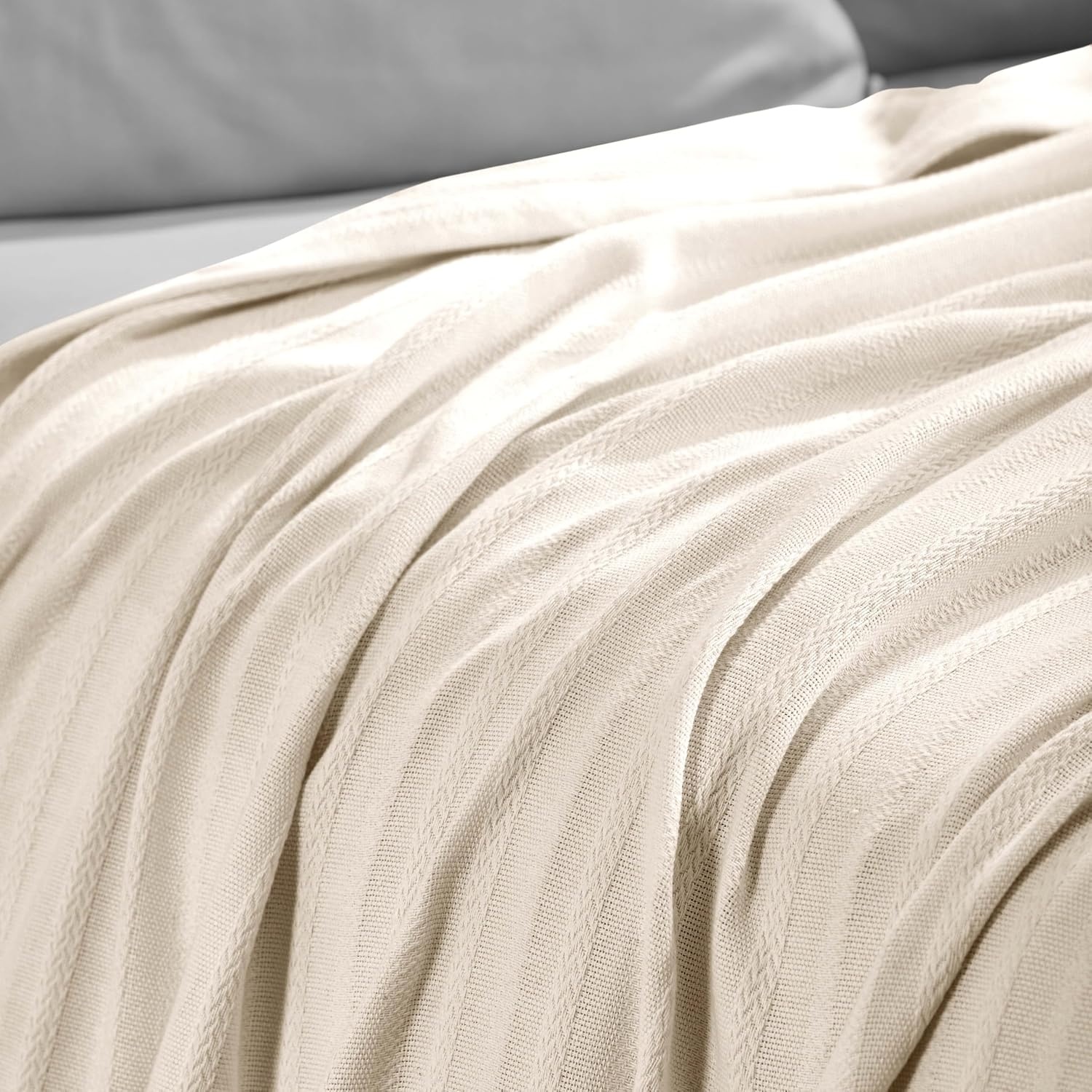 image:imageSUPERIOR Clara Cotton Blanket for Picnic Beach Traveling or Camping Bedroom Decor Essentials Cover for Bed Couch Lounging Textured Jacquard Striped Woven Blanket Twin IvoryIvory