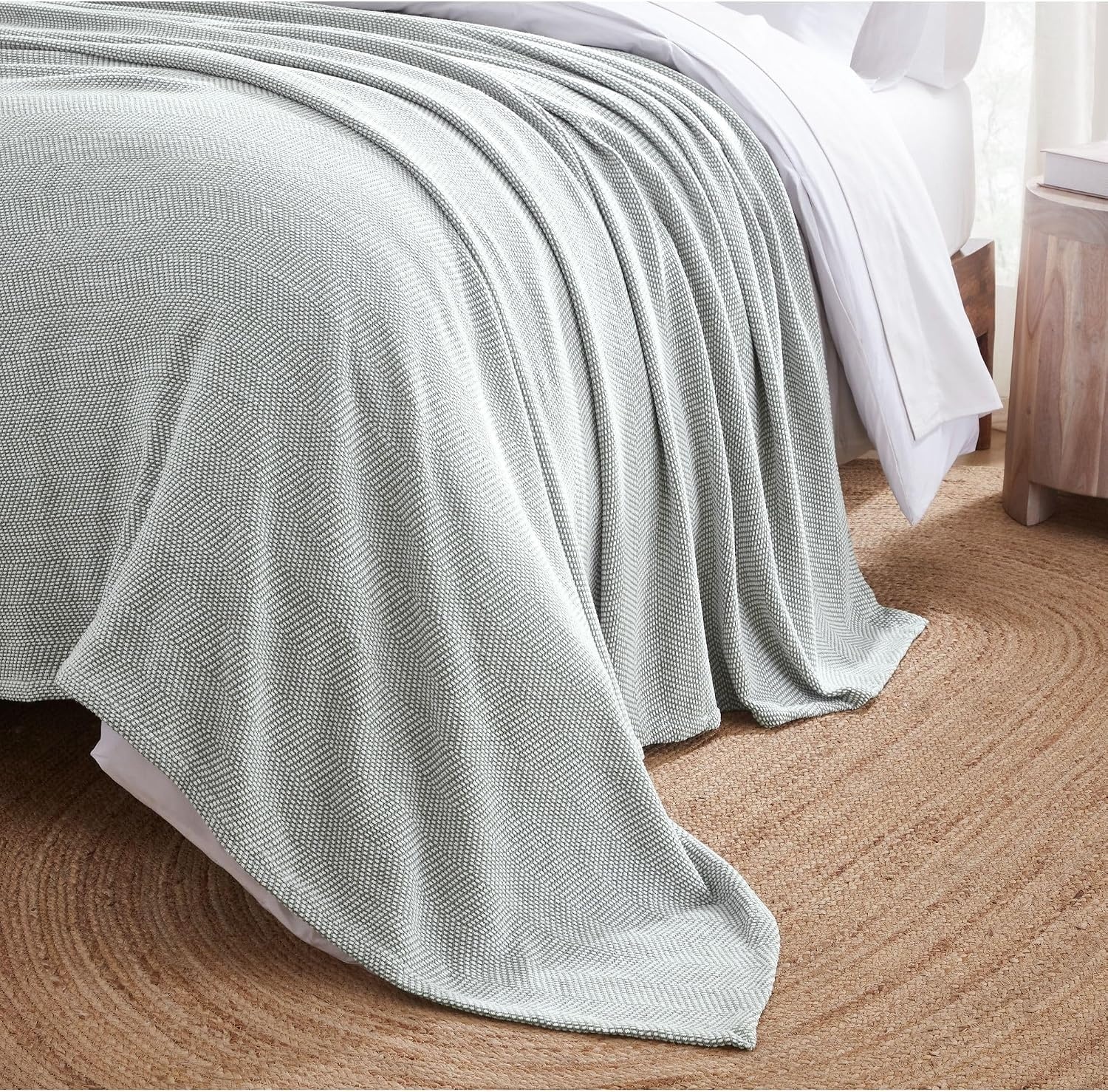 image:imageSUPERIOR Clara Cotton Blanket for Picnic Beach Traveling or Camping Bedroom Decor Essentials Cover for Bed Couch Lounging Textured Jacquard Striped Woven Blanket Twin IvoryGreen