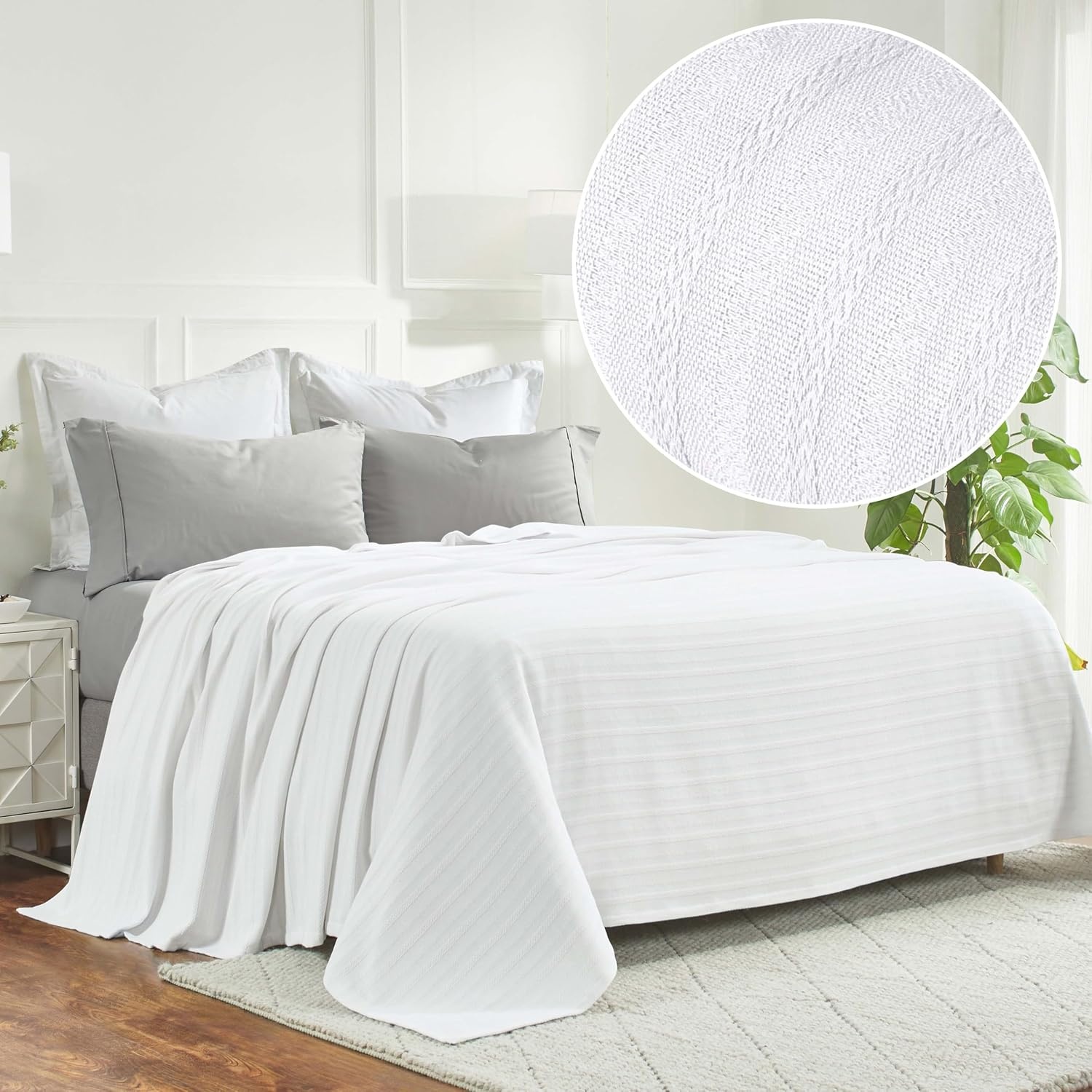image:imageSUPERIOR Clara Cotton Blanket for Picnic Beach Traveling or Camping Bedroom Decor Essentials Cover for Bed Couch Lounging Textured Jacquard Striped Woven Blanket Twin IvoryWhite