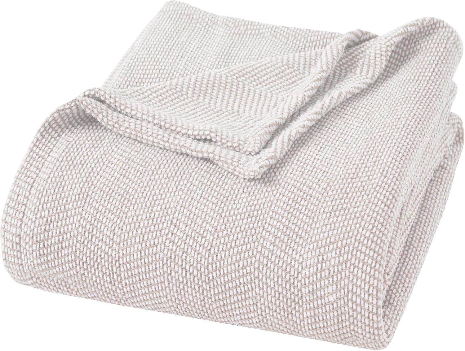 image:imageSUPERIOR Clara Cotton Blanket for Picnic Beach Traveling or Camping Bedroom Decor Essentials Cover for Bed Couch Lounging Textured Jacquard Striped Woven Blanket Twin IvoryTan