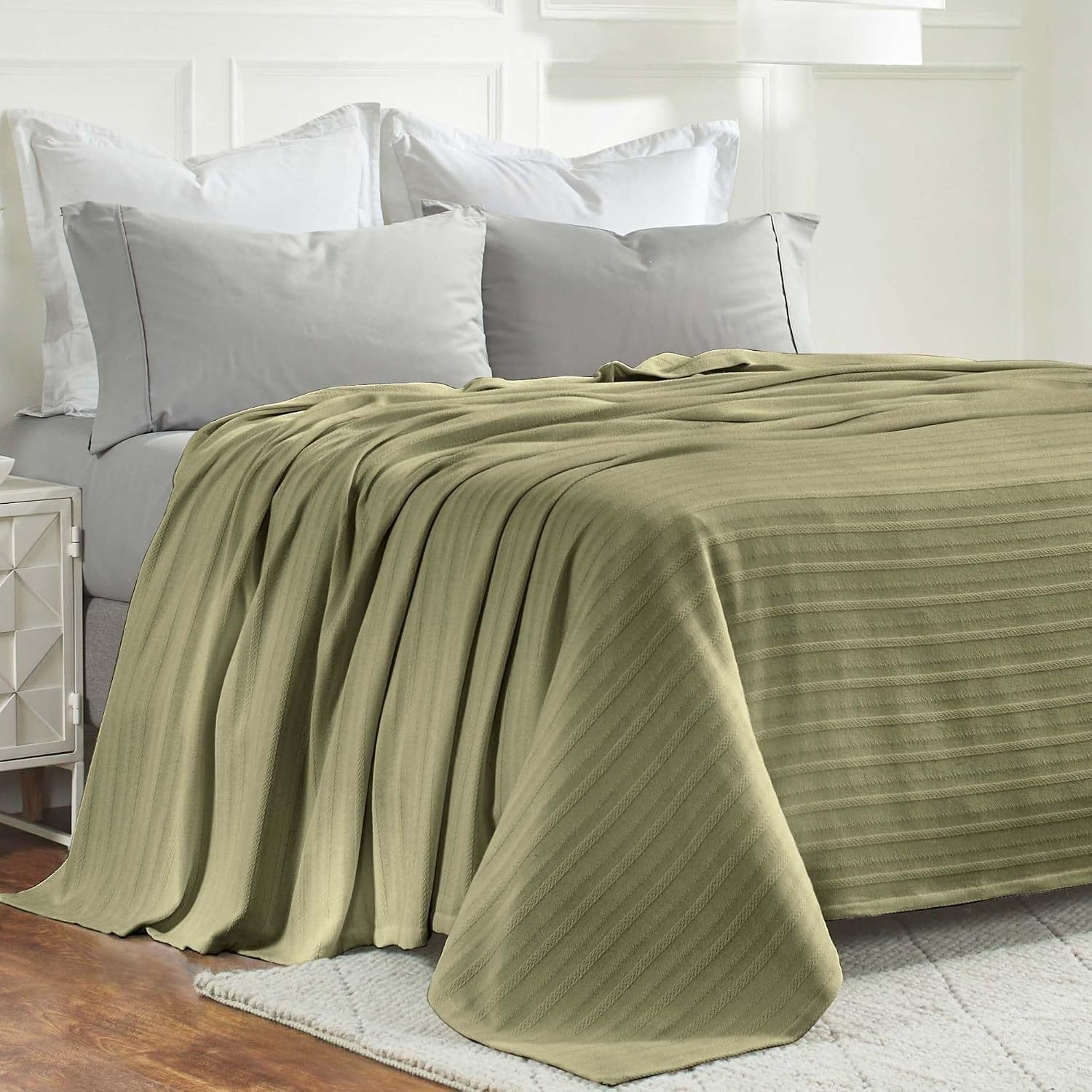 image:imageSUPERIOR Clara Cotton Blanket for Picnic Beach Traveling or Camping Bedroom Decor Essentials Cover for Bed Couch Lounging Textured Jacquard Striped Woven Blanket Twin IvorySage