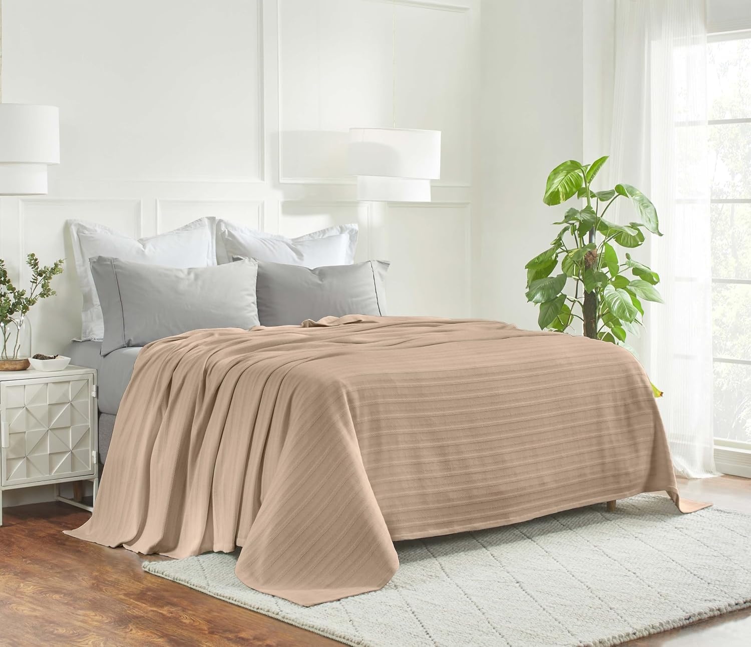 image:imageSUPERIOR Clara Cotton Blanket for Picnic Beach Traveling or Camping Bedroom Decor Essentials Cover for Bed Couch Lounging Textured Jacquard Striped Woven Blanket Twin IvoryKhaki