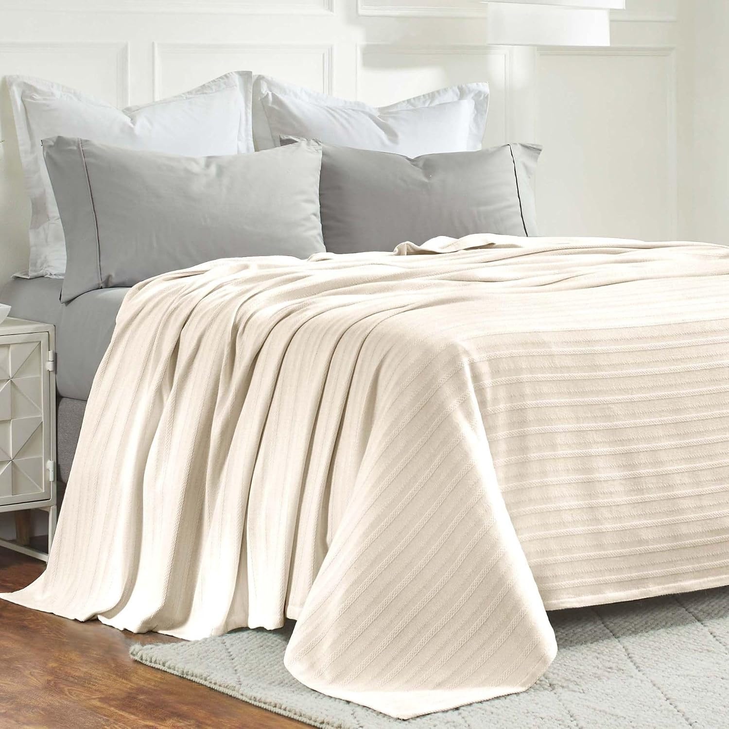 image:imageSUPERIOR Clara Cotton Blanket for Picnic Beach Traveling or Camping Bedroom Decor Essentials Cover for Bed Couch Lounging Textured Jacquard Striped Woven Blanket Twin IvoryIvory