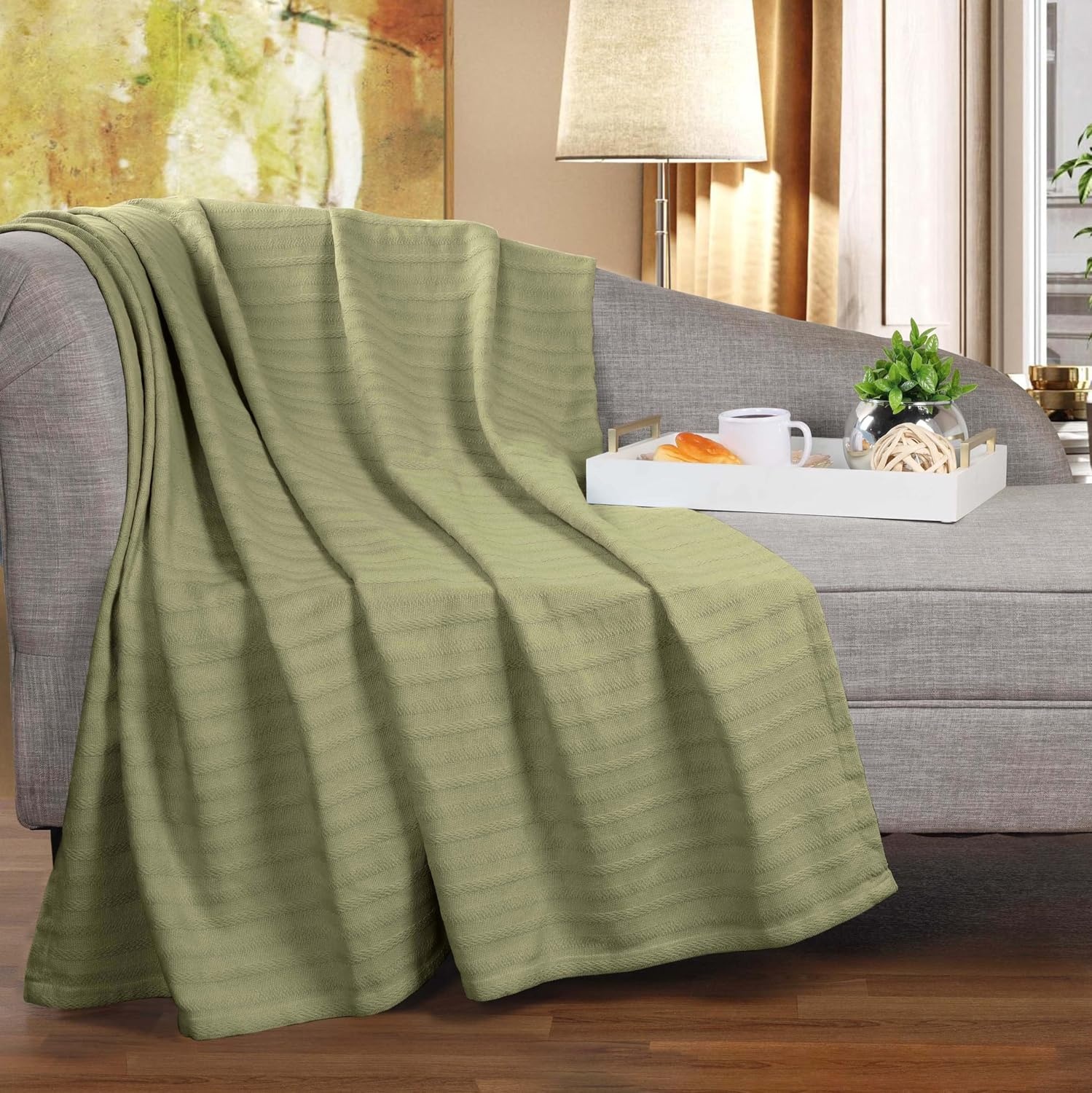 image:imageSUPERIOR Clara Cotton Blanket for Picnic Beach Traveling or Camping Bedroom Decor Essentials Cover for Bed Couch Lounging Textured Jacquard Striped Woven Blanket Twin IvorySage