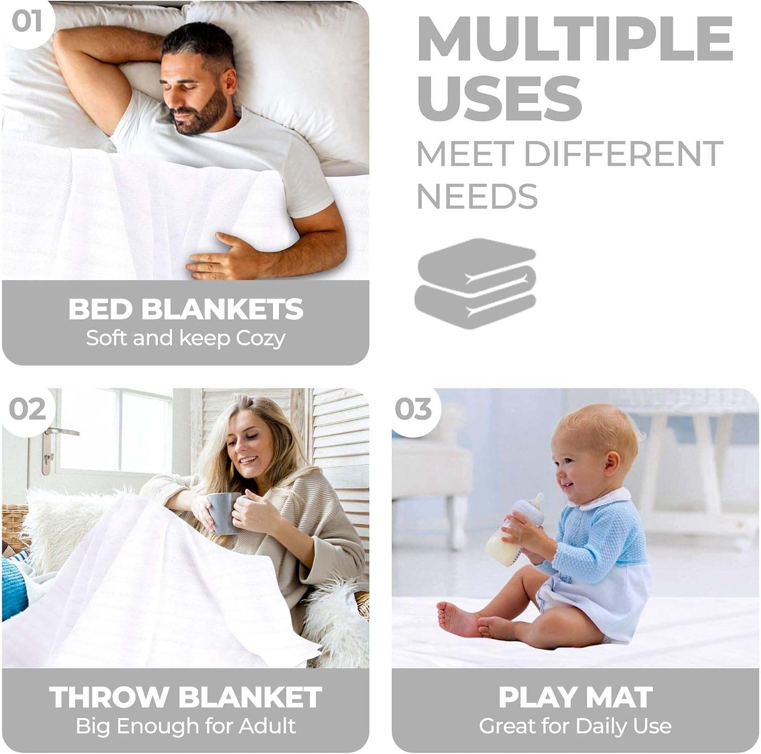 image:imageSUPERIOR Clara Cotton Blanket for Picnic Beach Traveling or Camping Bedroom Decor Essentials Cover for Bed Couch Lounging Textured Jacquard Striped Woven Blanket Twin IvoryWhite