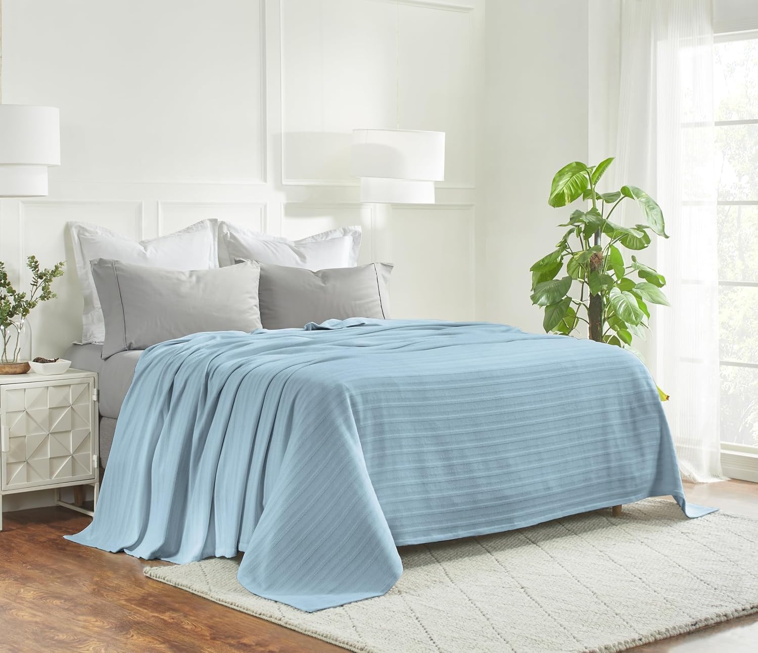 image:imageSUPERIOR Clara Cotton Blanket for Picnic Beach Traveling or Camping Bedroom Decor Essentials Cover for Bed Couch Lounging Textured Jacquard Striped Woven Blanket Twin IvoryLight Blue