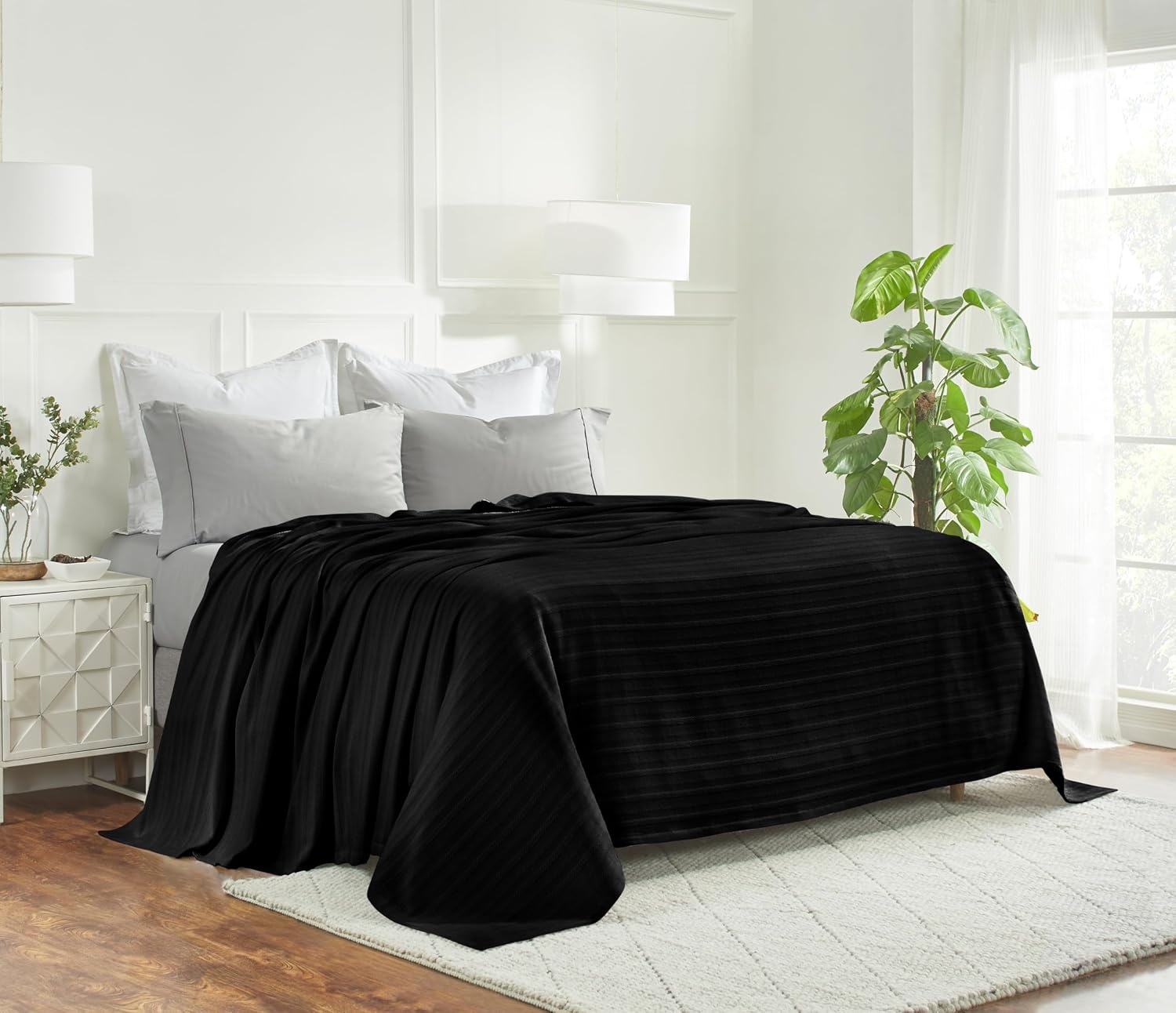image:imageSUPERIOR Clara Cotton Blanket for Picnic Beach Traveling or Camping Bedroom Decor Essentials Cover for Bed Couch Lounging Textured Jacquard Striped Woven Blanket Twin IvoryBlack