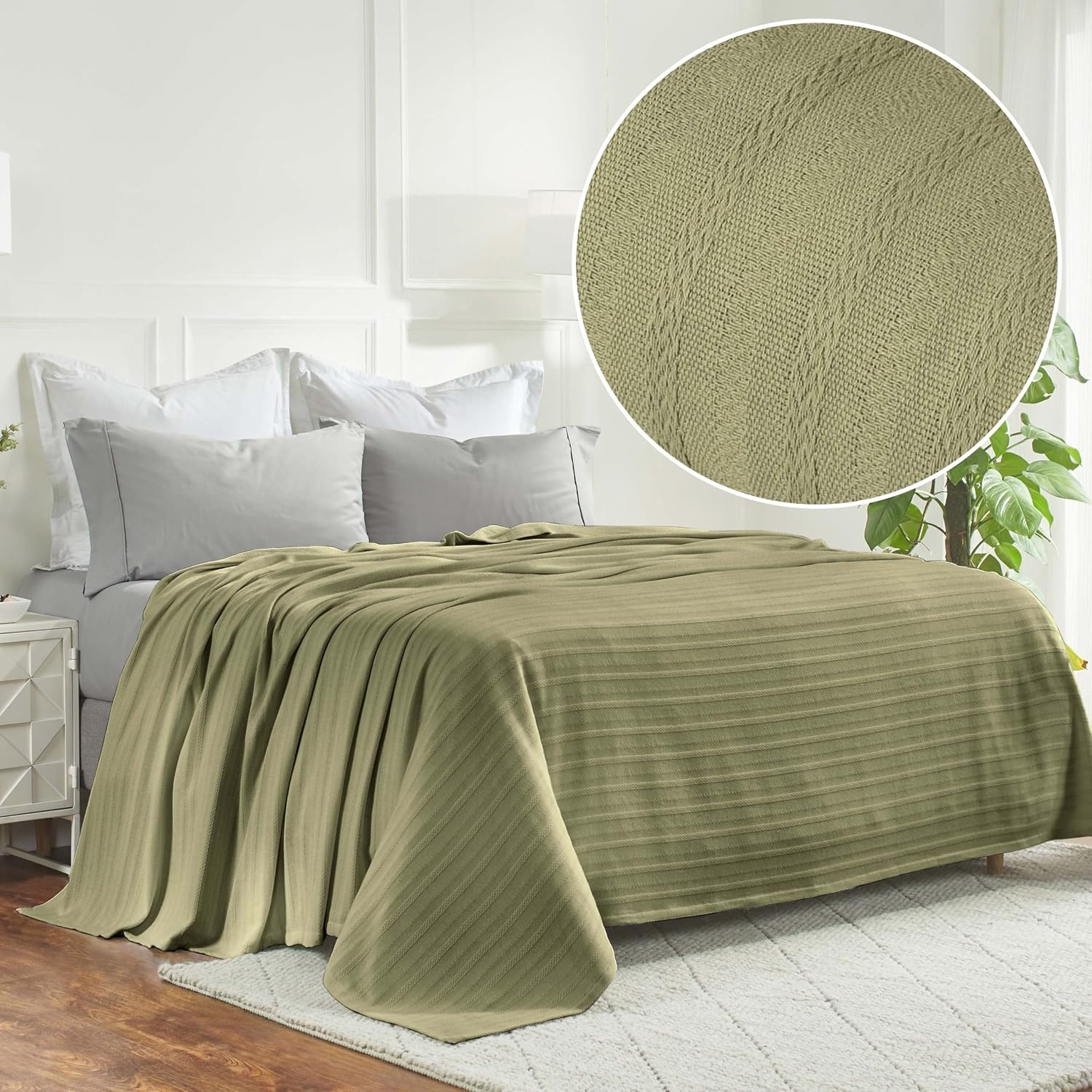 image:imageSUPERIOR Clara Cotton Blanket for Picnic Beach Traveling or Camping Bedroom Decor Essentials Cover for Bed Couch Lounging Textured Jacquard Striped Woven Blanket Twin IvorySage