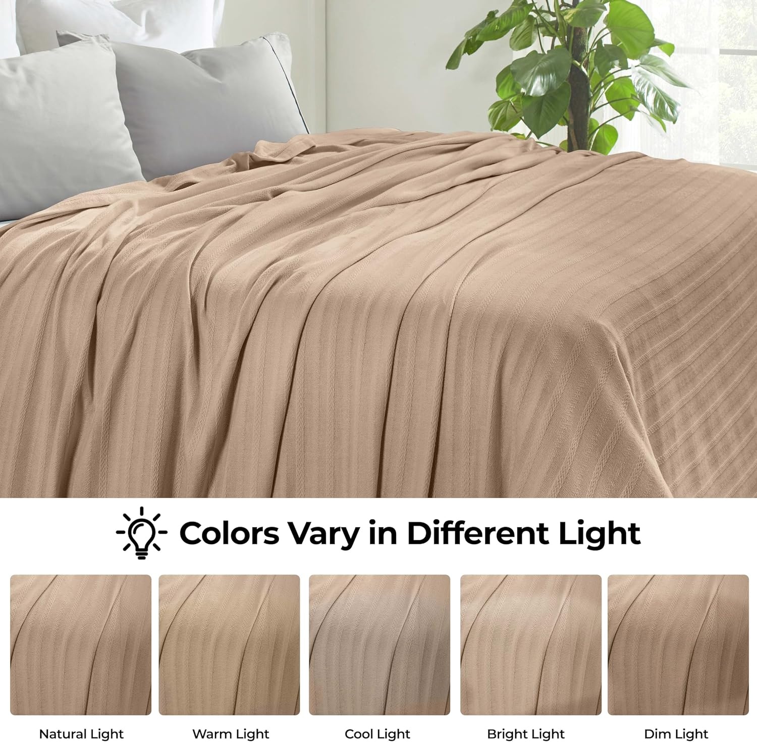 image:imageSUPERIOR Clara Cotton Blanket for Picnic Beach Traveling or Camping Bedroom Decor Essentials Cover for Bed Couch Lounging Textured Jacquard Striped Woven Blanket Twin IvoryKhaki
