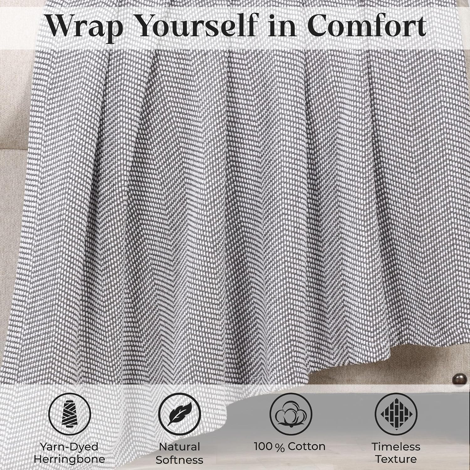 image:imageSUPERIOR Clara Cotton Blanket for Picnic Beach Traveling or Camping Bedroom Decor Essentials Cover for Bed Couch Lounging Textured Jacquard Striped Woven Blanket Twin IvoryCharcoal