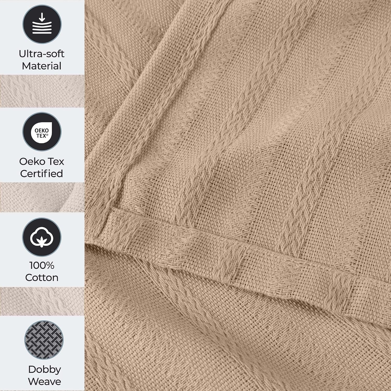 image:imageSUPERIOR Clara Cotton Blanket for Picnic Beach Traveling or Camping Bedroom Decor Essentials Cover for Bed Couch Lounging Textured Jacquard Striped Woven Blanket Twin IvoryKhaki
