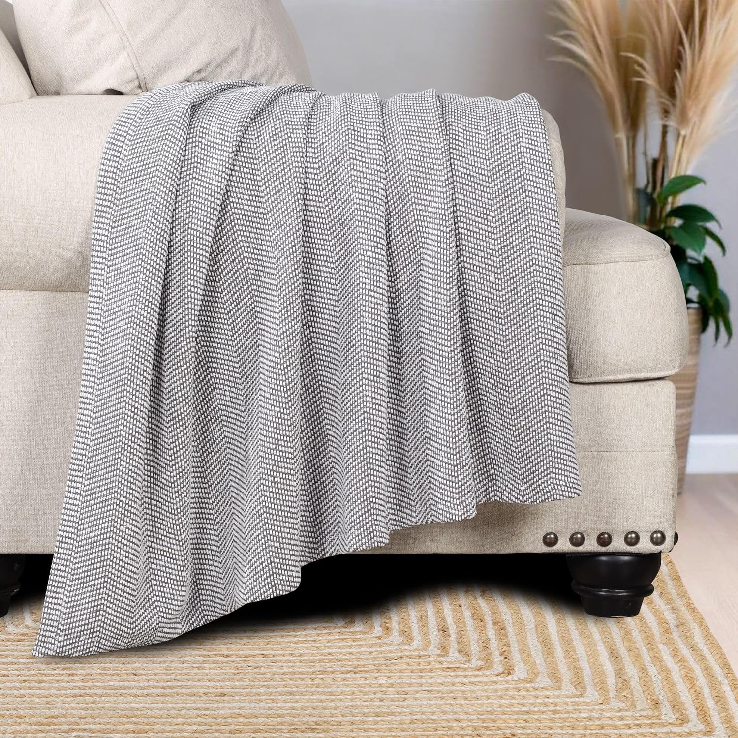 image:imageSUPERIOR Clara Cotton Blanket for Picnic Beach Traveling or Camping Bedroom Decor Essentials Cover for Bed Couch Lounging Textured Jacquard Striped Woven Blanket Twin IvoryCharcoal