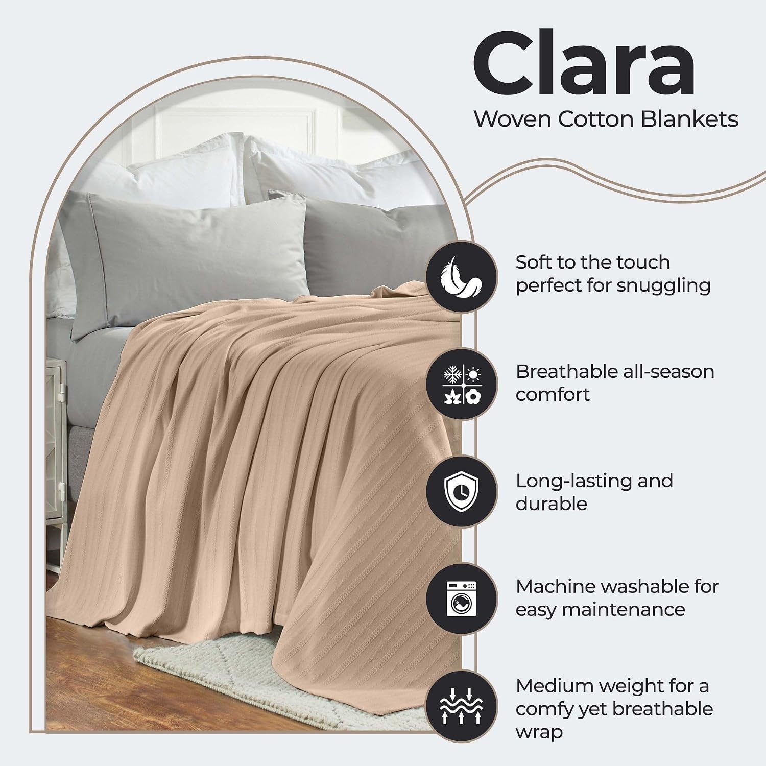 image:imageSUPERIOR Clara Cotton Blanket for Picnic Beach Traveling or Camping Bedroom Decor Essentials Cover for Bed Couch Lounging Textured Jacquard Striped Woven Blanket Twin IvoryKhaki