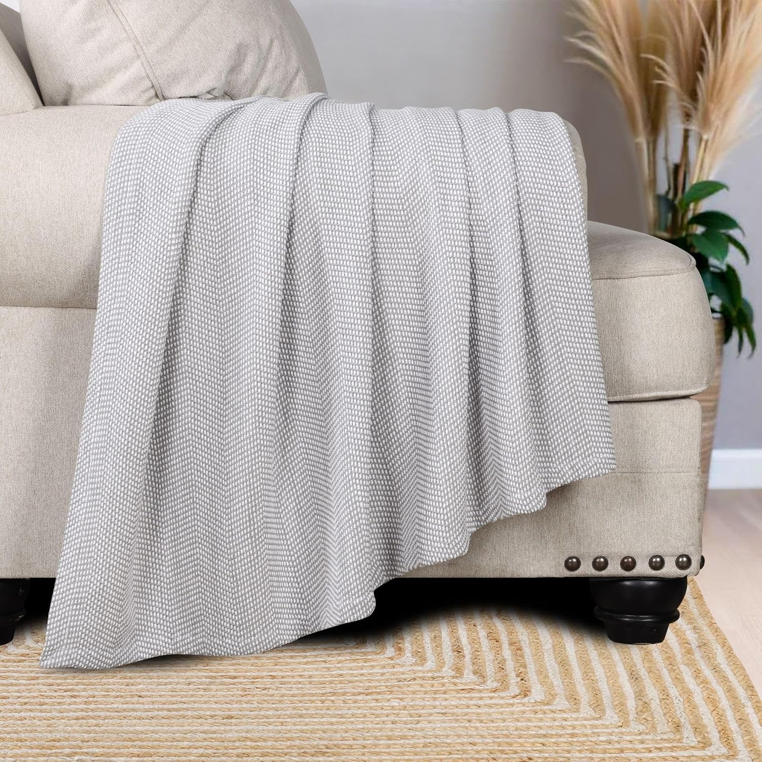 image:imageSUPERIOR Clara Cotton Blanket for Picnic Beach Traveling or Camping Bedroom Decor Essentials Cover for Bed Couch Lounging Textured Jacquard Striped Woven Blanket Twin IvoryGrey