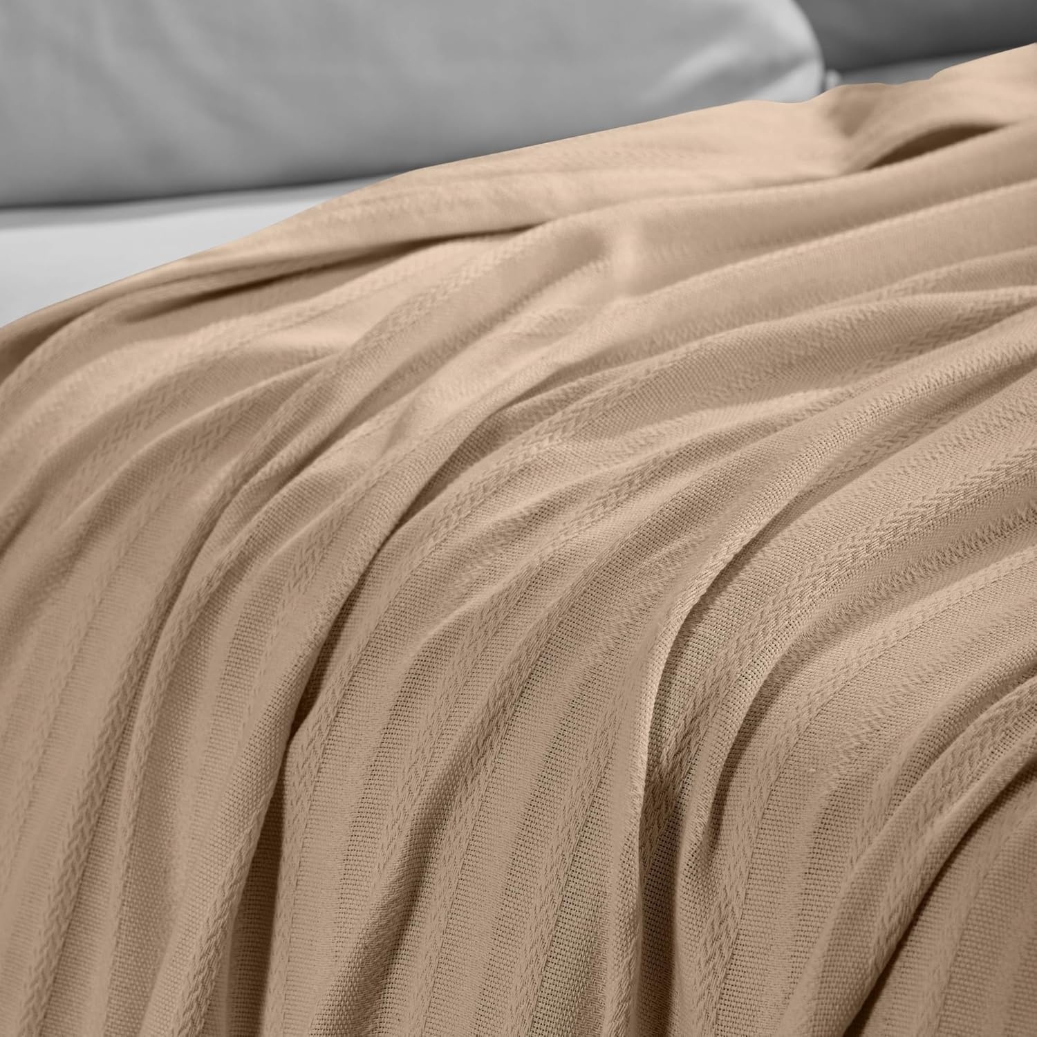 image:imageSUPERIOR Clara Cotton Blanket for Picnic Beach Traveling or Camping Bedroom Decor Essentials Cover for Bed Couch Lounging Textured Jacquard Striped Woven Blanket Twin IvoryKhaki