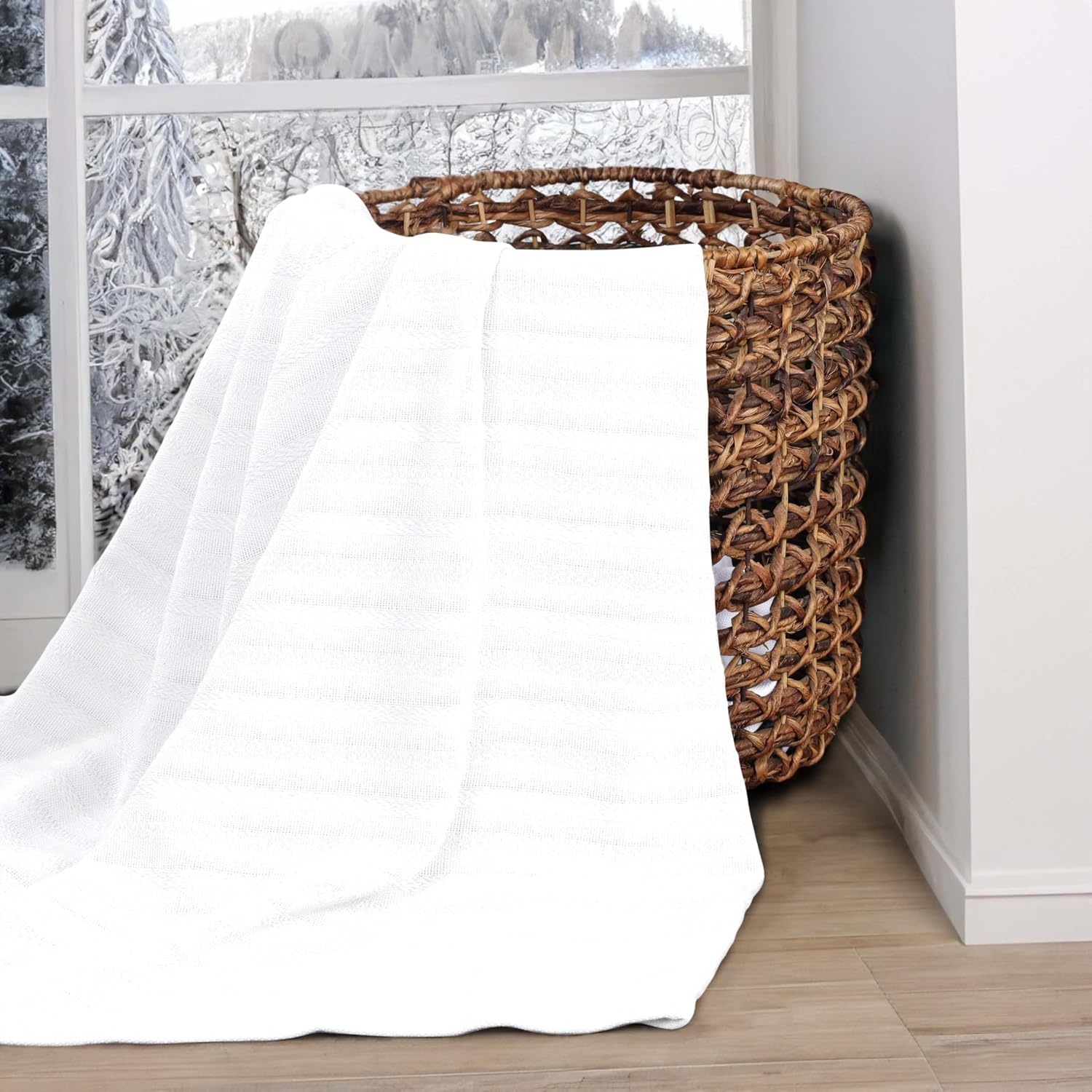 image:imageSUPERIOR Clara Cotton Blanket for Picnic Beach Traveling or Camping Bedroom Decor Essentials Cover for Bed Couch Lounging Textured Jacquard Striped Woven Blanket Twin IvoryWhite