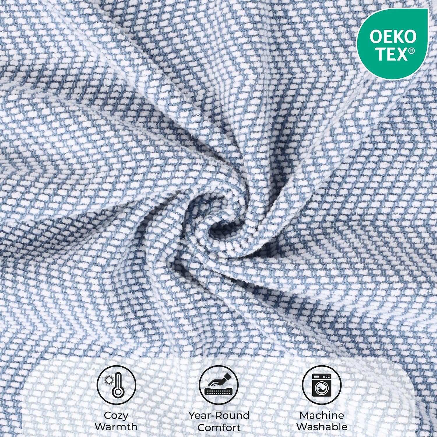 image:imageSUPERIOR Clara Cotton Blanket for Picnic Beach Traveling or Camping Bedroom Decor Essentials Cover for Bed Couch Lounging Textured Jacquard Striped Woven Blanket Twin IvoryBlue