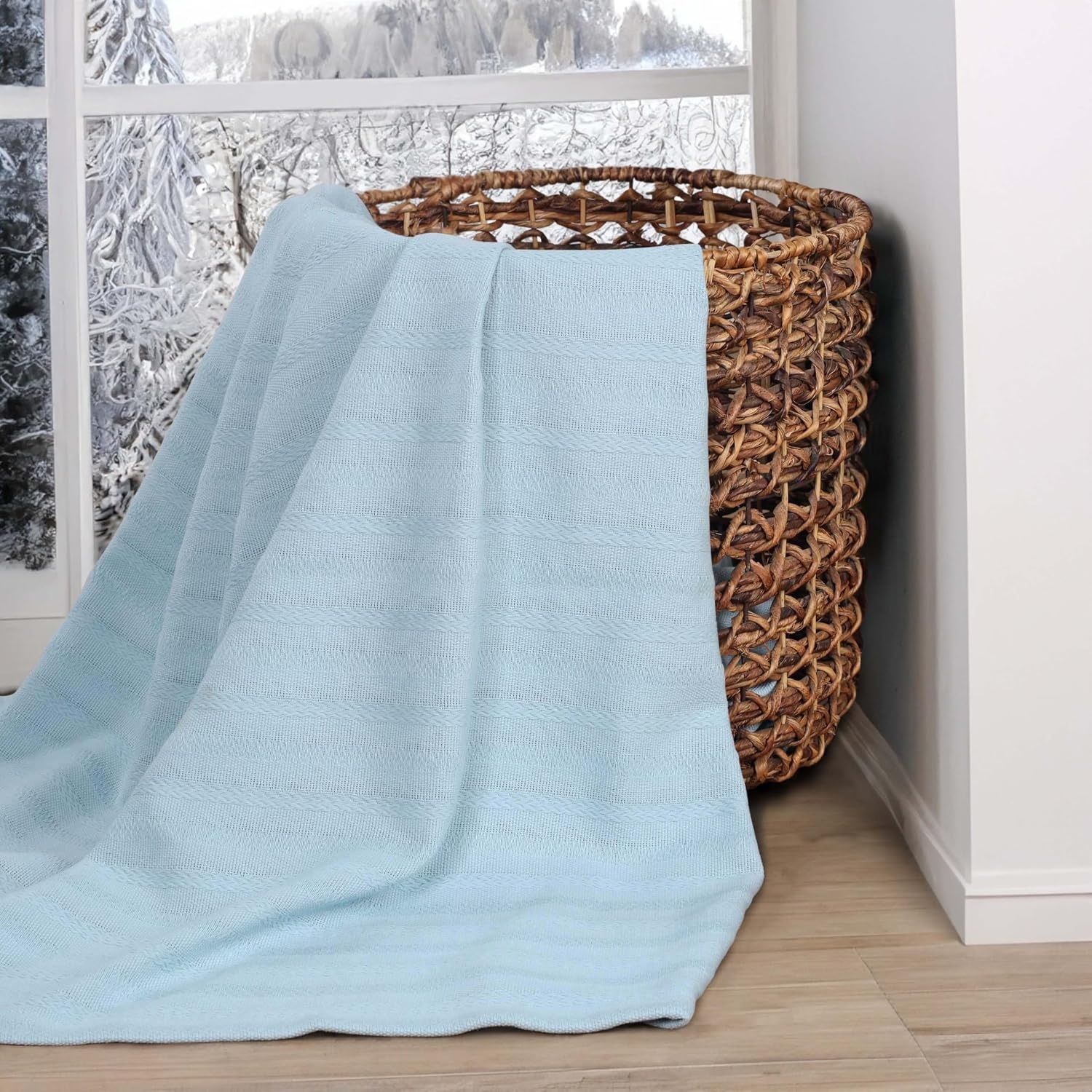 image:imageSUPERIOR Clara Cotton Blanket for Picnic Beach Traveling or Camping Bedroom Decor Essentials Cover for Bed Couch Lounging Textured Jacquard Striped Woven Blanket Twin IvoryLight Blue
