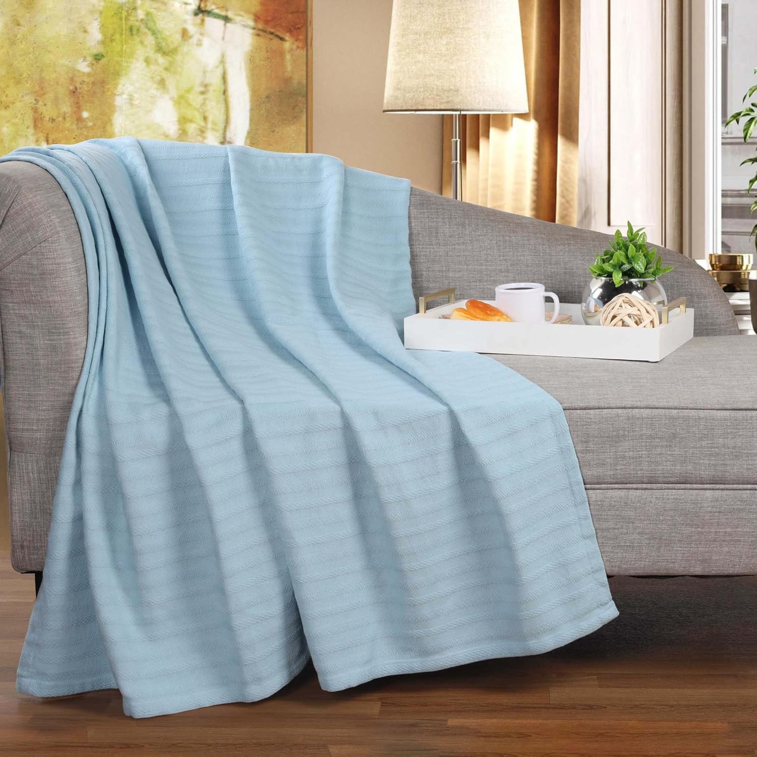 image:imageSUPERIOR Clara Cotton Blanket for Picnic Beach Traveling or Camping Bedroom Decor Essentials Cover for Bed Couch Lounging Textured Jacquard Striped Woven Blanket Twin IvoryLight Blue
