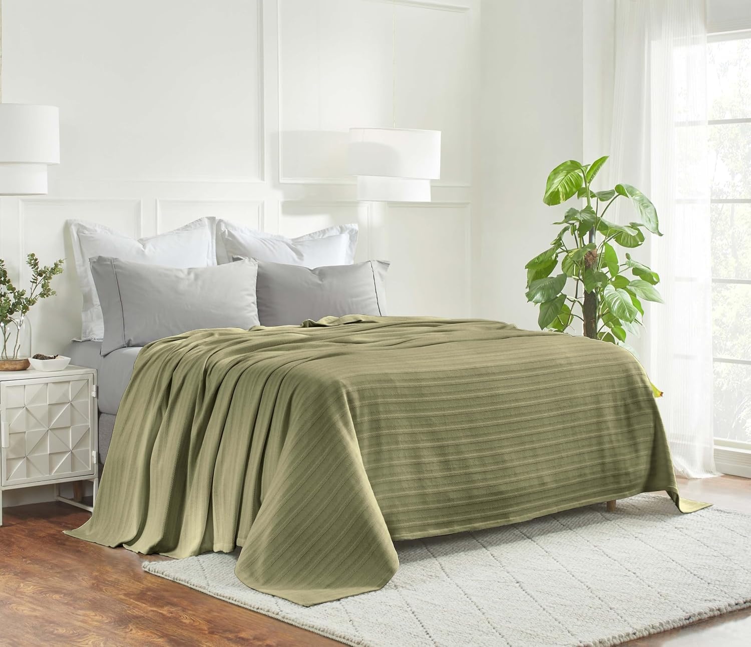 image:imageSUPERIOR Clara Cotton Blanket for Picnic Beach Traveling or Camping Bedroom Decor Essentials Cover for Bed Couch Lounging Textured Jacquard Striped Woven Blanket Twin IvorySage