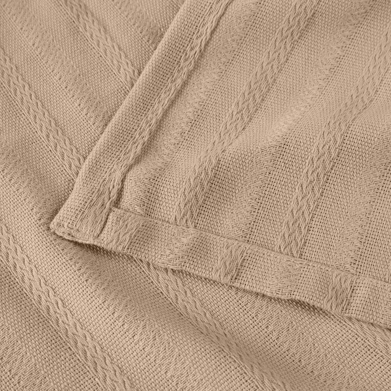 image:imageSUPERIOR Clara Cotton Blanket for Picnic Beach Traveling or Camping Bedroom Decor Essentials Cover for Bed Couch Lounging Textured Jacquard Striped Woven Blanket Twin IvoryKhaki