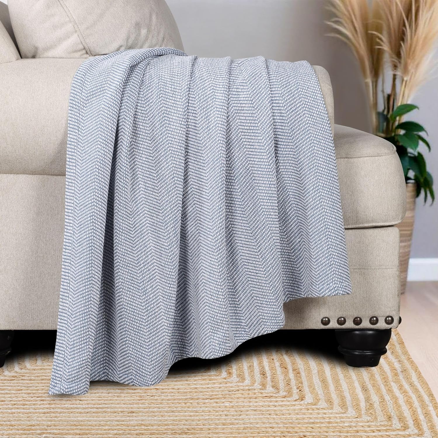 image:imageSUPERIOR Clara Cotton Blanket for Picnic Beach Traveling or Camping Bedroom Decor Essentials Cover for Bed Couch Lounging Textured Jacquard Striped Woven Blanket Twin IvoryBlue